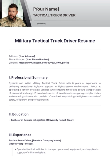 Free Military Tactical Truck Driver Resume to Edit Online