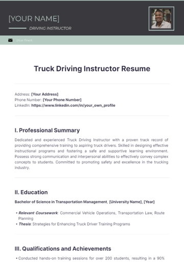 Free Truck Driving Instructor Resume to Edit Online