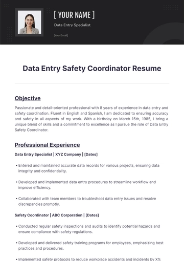 Free Data Entry Safety Coordinator Resume to Edit Online