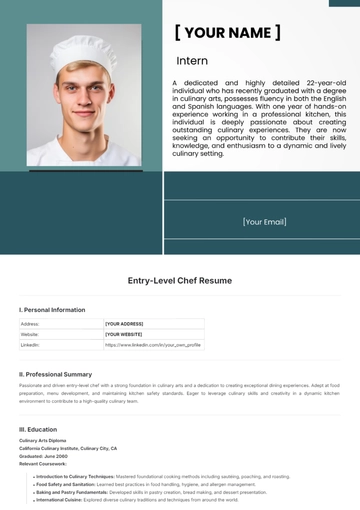 Free Entry-Level Chef Resume Template to Edit Online