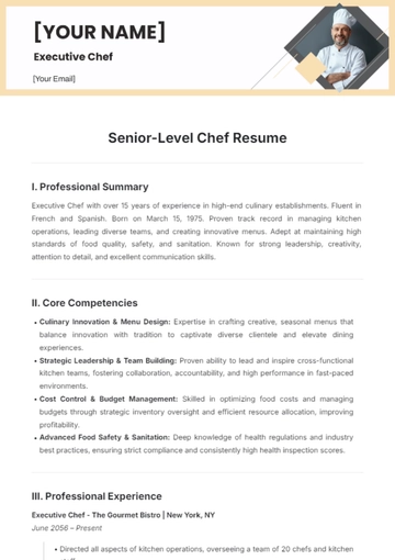 Free Senior-Level Chef Resume Template to Edit Online