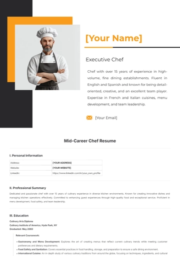 Free Mid-Career Chef Resume Template to Edit Online