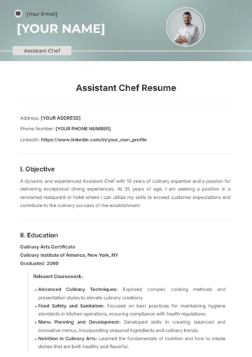 Free Assistant Chef Resume Template to Edit Online