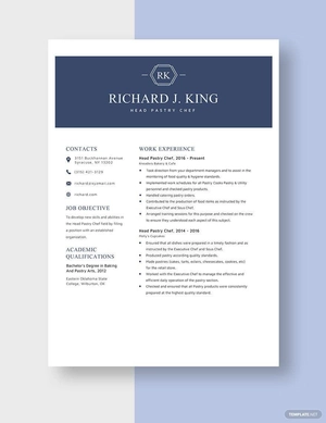 Head Pastry Chef Resume