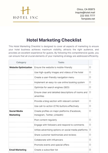 Free Hotel Marketing Checklist Template to Edit Online
