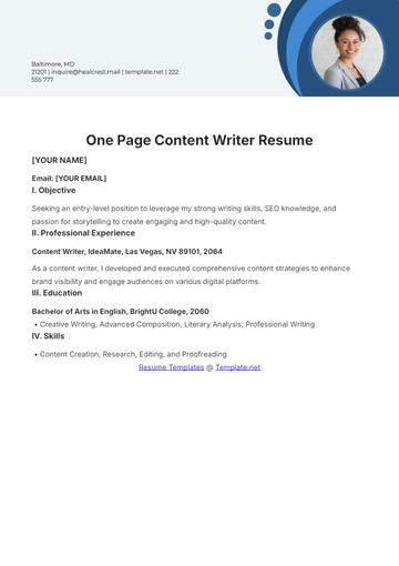 Free One Page Content Writer Resume to Edit Online