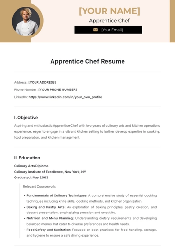 Free Apprentice Chef Resume Template to Edit Online