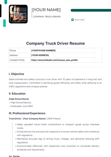 Free Company Truck Driver Resume to Edit Online