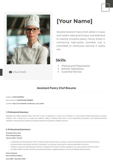 Free Assistant Pastry Chef Resume Template to Edit Online