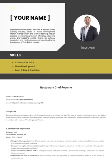 Free Restaurant Chef Resume Template to Edit Online