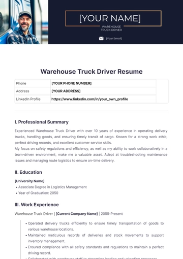 Free Warehouse Truck Driver Resume to Edit Online