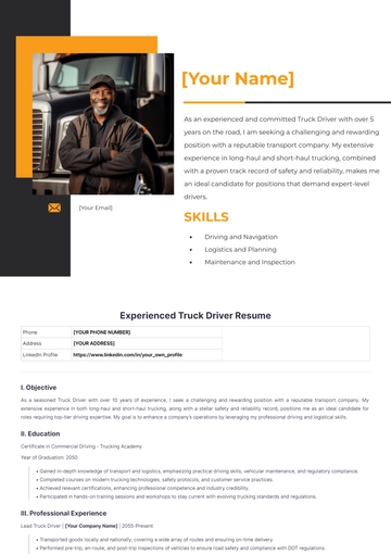 Free Experienced Truck Driver Resume to Edit Online