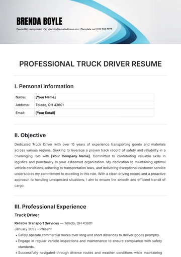 Free Professional Truck Driver Resume Template to Edit Online