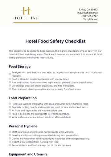 Free Hotel Food Safety Checklist Template to Edit Online