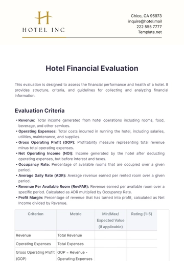 Free Hotel Financial Evaluation Template to Edit Online