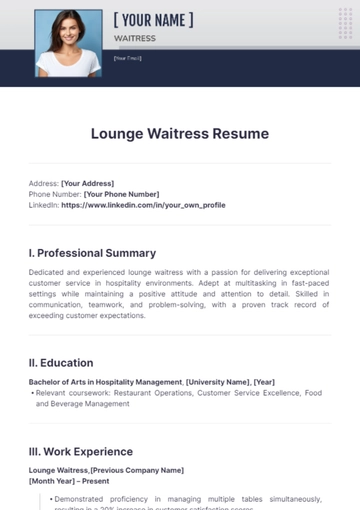 Free Lounge Waitress Resume to Edit Online