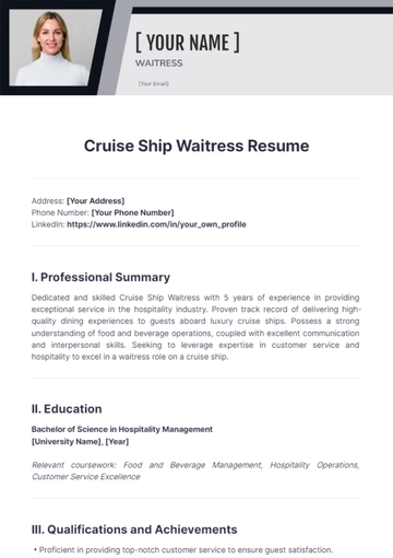 Free Cruise Ship Waitress Resume to Edit Online