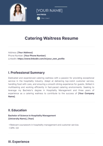 Free Catering Waitress Resume to Edit Online