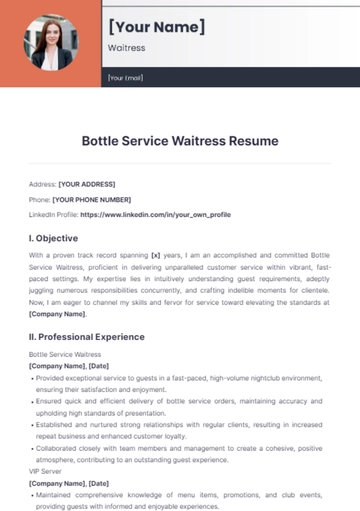 Free Bottle Service Waitress Resume to Edit Online