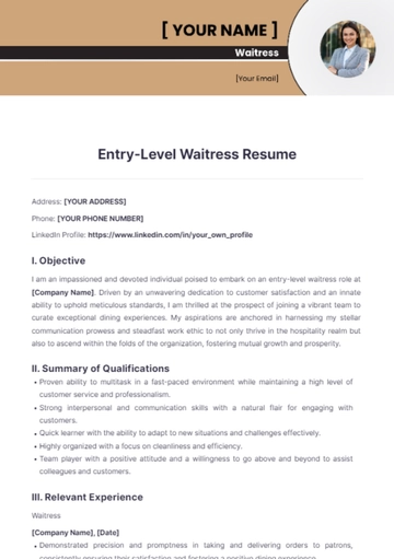 Free Entry-Level Waitress Resume to Edit Online