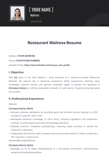 Free Restaurant Waitress Resume to Edit Online