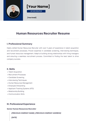 Free Human Resources Recruiter Resume to Edit Online