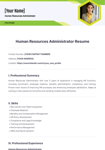 Free Human Resources Administrator Resume to Edit Online
