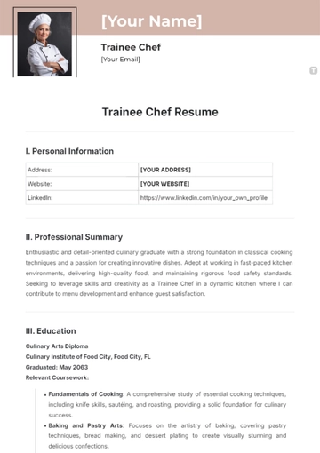 Free Trainee Chef Resume Template to Edit Online