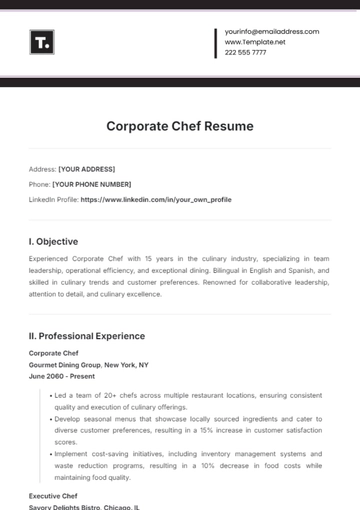 Free Corporate Chef Resume Template to Edit Online