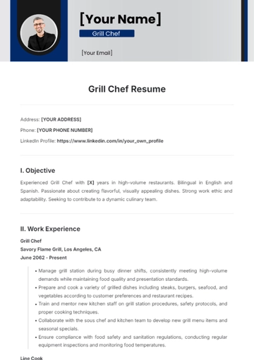 Free Grill Chef Resume Template to Edit Online