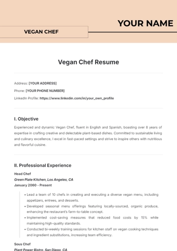 Free Vegan Chef Resume Template to Edit Online