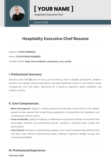 Free Hospitality Executive Chef Resume Template to Edit Online