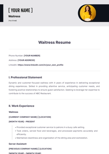 Free Waitress Resume to Edit Online