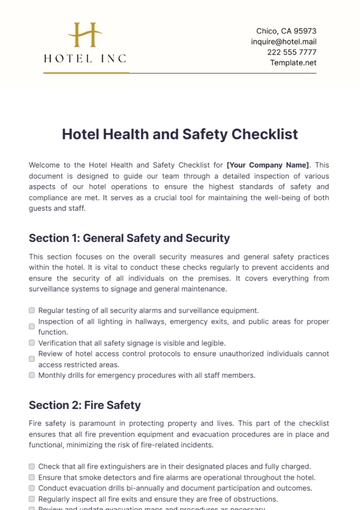Free Hotel Health and Safety Checklist Template to Edit Online