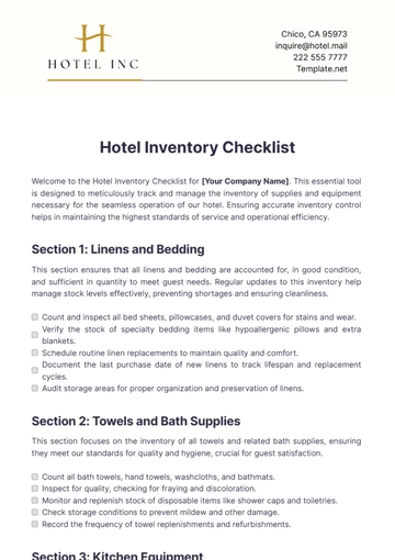 Free Hotel Inventory Checklist Template to Edit Online