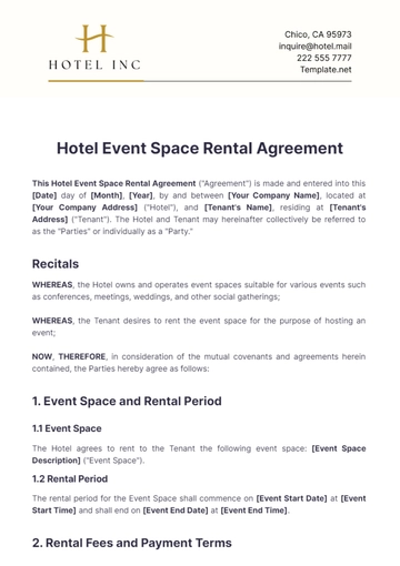 Free Hotel Event Space Rental Agreement Template to Edit Online