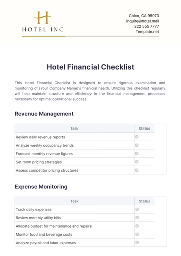 Free Hotel Financial Checklist Template to Edit Online