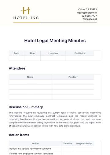 Free Hotel Legal Meeting Minutes Template to Edit Online