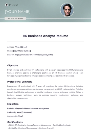 Free HR Business Analyst Resume to Edit Online