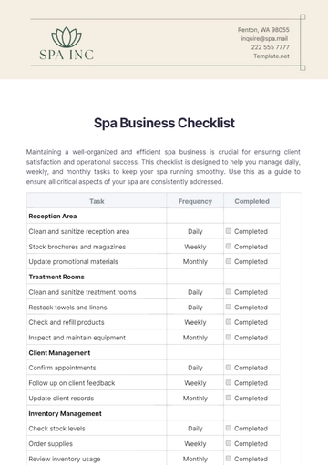 Free Spa Business Checklist Template to Edit Online