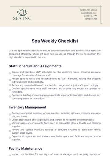 Free Spa Weekly Checklist Template to Edit Online