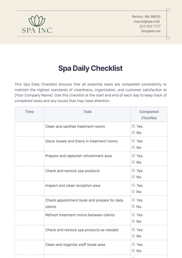 Free Spa Daily Checklist Template to Edit Online