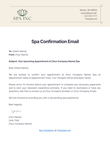 Free Spa Confirmation Email Template