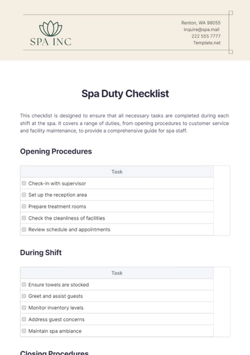 Free Spa Duty Checklist Template to Edit Online
