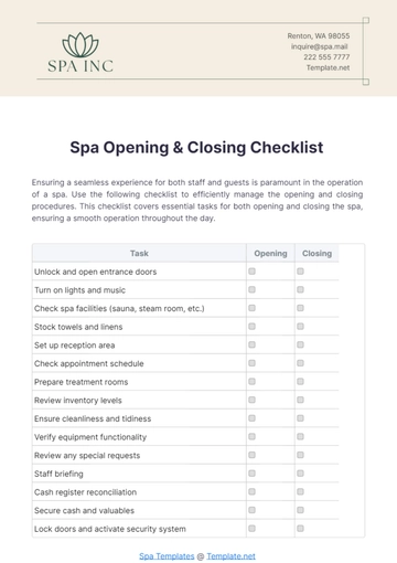 Free Spa Opening & Closing Checklist Template to Edit Online