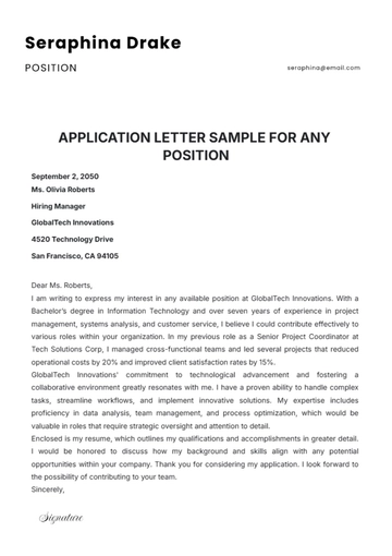 Free Application Letter Sample for Any Position Template to Edit Online
