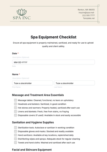 Free Spa Equipment Checklist Template