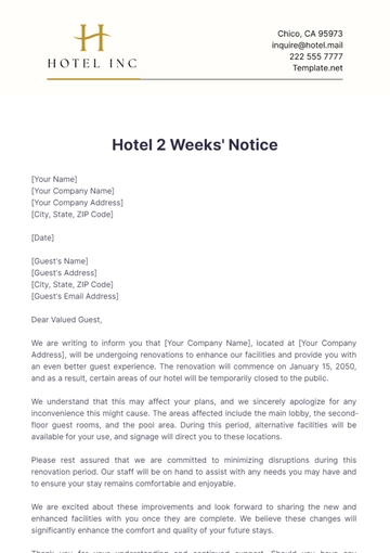 Free Hotel 2 Weeks' Notice Template to Edit Online