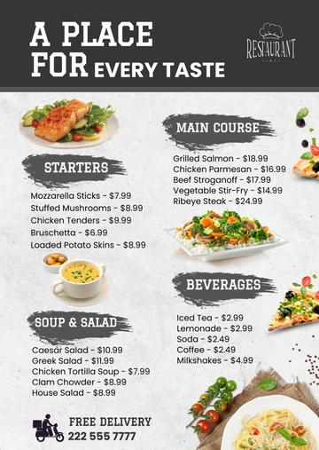 Free Restaurant Food Menu Template to Edit Online