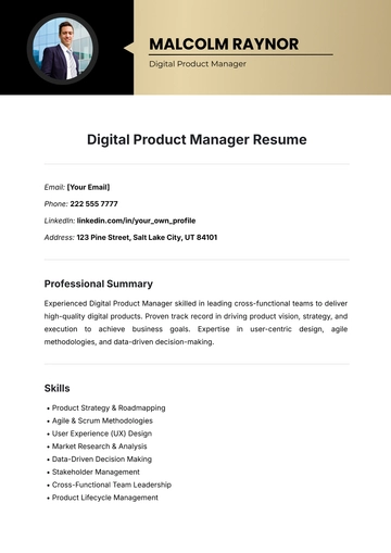 Free Digital Product Manager Resume Template to Edit Online